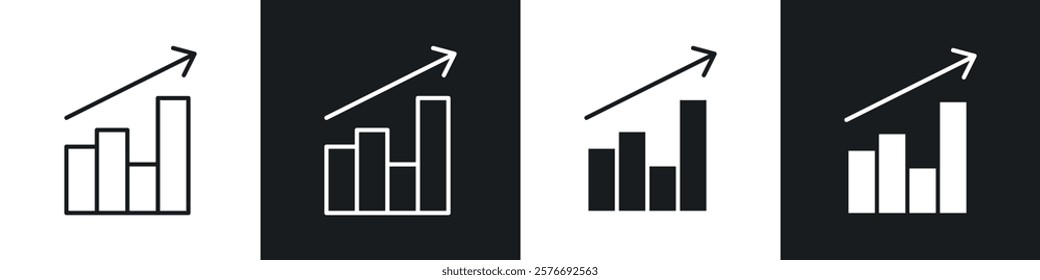 Sales growth icons collection in black and white solid and line style