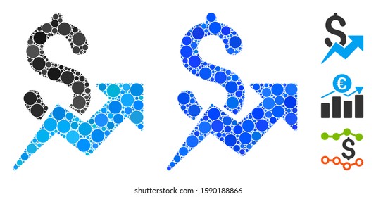 Sales growth mosaic of circle elements in variable sizes and color tones, based on sales growth icon. Vector round elements are organized into blue mosaic.