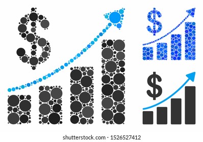 Sales growth mosaic for sales growth icon of round dots in different sizes and color tints. Vector filled circles are composed into blue mosaic. Dotted sales growth icon in usual and blue versions.