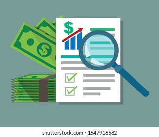 Sales growth report, analytics, investigation, increased sales chart analytics data, research icon vector, Magnifier paper page document through analysis, graphical analysis with statistic, audit