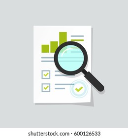 Sales growth report, analytics, investigation, boosted sales graph analytics data, research icon vector, analysis on paper sheet document via magnifier, statistics result with chart analyzing, audit