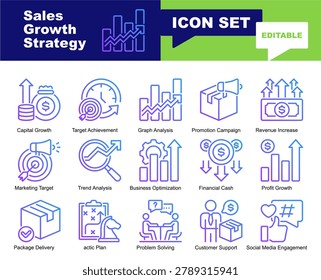 Sales Growth Strategy icon set. Vector symbols for Conversion, Earnings, Growth, Increase, Marketing, Money, Profit, Revenue, Sales, Strategy