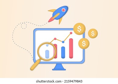 Sales Growth Template. Business Strategy, Financial Analytics, Profit Increasing, Sales Manager, Accounting, Sales Promotion, Marketing And Operation Concept. 3d Minimalist Vector Illustration.