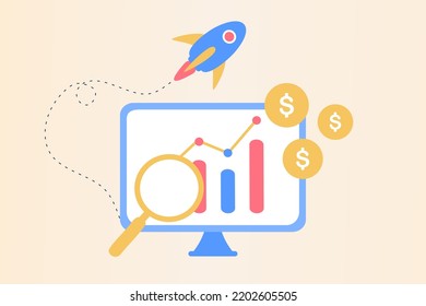 Plantilla de crecimiento de ventas. Estrategia de negocio, análisis financiero, aumento de beneficios, gerente de ventas, contabilidad, promoción de ventas, marketing y concepto de operación. Ilustración vectorial plana minimalista.