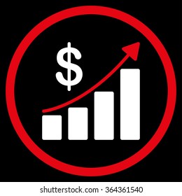 Sales Growth vector icon. Style is bicolor flat circled symbol, red and white colors, rounded angles, black background.
