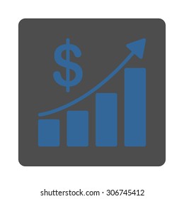 Sales Growth vector icon. This flat rounded square button uses cobalt and gray colors and isolated on a white background.