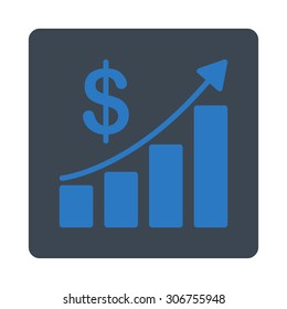 Sales Growth vector icon. This flat rounded square button uses smooth blue colors and isolated on a white background.