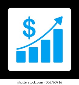 Sales Growth vector icon. This flat rounded square button uses blue and white colors and isolated on a black background.