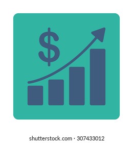 Sales Growth vector icon. This flat rounded square button uses cobalt and cyan colors and isolated on a white background.