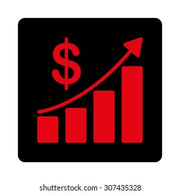 Sales Growth vector icon. This flat rounded square button uses intensive red and black colors and isolated on a white background.