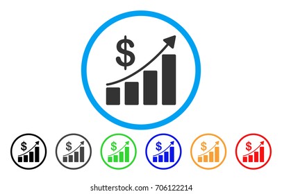 Sales Growth vector rounded icon. Image style is a flat gray icon symbol inside a blue circle. Bonus color variants are grey, black, blue, green, red, orange.
