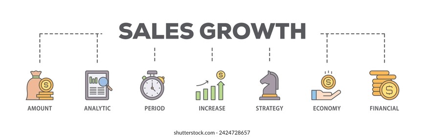 Sales growth web banner icon vector illustration concept consists of financial, increase, economy, strategy, period, analytic, amount icon live stroke and easy to edit