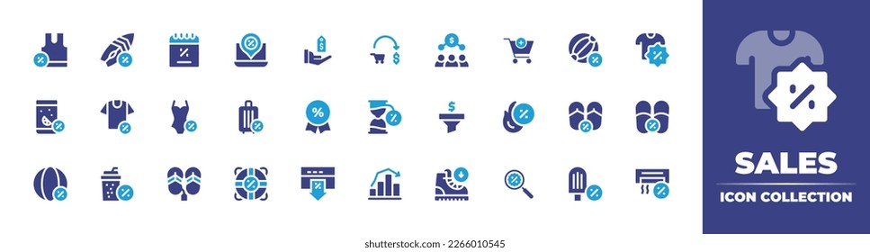 Sales icon collection. Duotone color. Vector illustration. Containing undershirt, surfboard, calendar, laptop, price, sales, money exchange, add, beach ball, clothes, drink, tshirt, swimsuit.