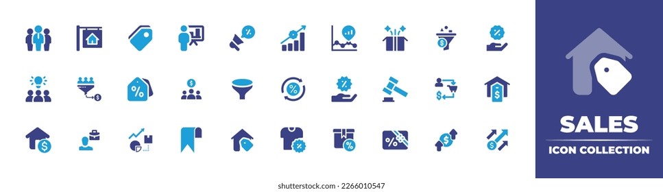 Kollektion von Verkaufssymbolen. Duotonfarbe. Vektorgrafik. Mit Team-Leiter, zum Verkauf, Supermarkt, grafische Präsentation, Umsatz, Umsatz, Preis, Filterung, Rabatt, Idee, Coupon, Vertrieb Team.