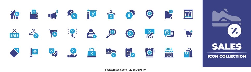 Sales icon collection. Duotone color. Vector illustration. Containing house, wallet, megaphone, negotiation, for sale, sale, sales, discount, clothes shop, add to cart, promo, cart, tag, signaling.