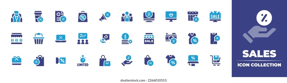 Sales icon collection. Duotone color. Vector illustration. Containing partners, drink, bill, sales, promotion, teamwork, computer, ecommerce, calendar, sale, coffee shop, shopping basket, laptop.