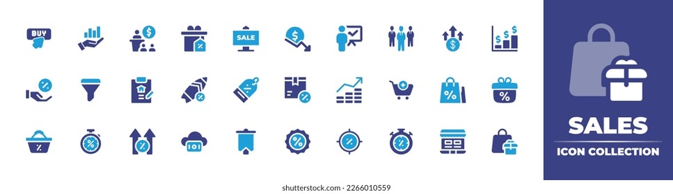 Sales icon collection. Duotone color. Vector illustration. Containing buy button, sales, meeting, gift, sale, line graph, team leader, increase, earn money, discount, sales funnel, contract.