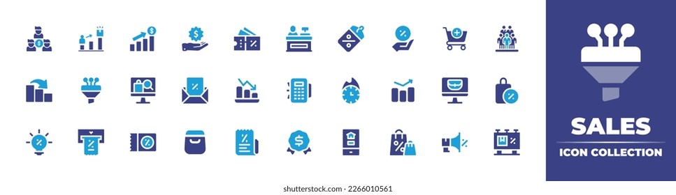 Sales icon collection. Duotone color. Vector illustration. Containing sales team, reward, revenue, badge, discount, cashier, price tag, interest, add to cart, human resources, down, funnel, shopping.