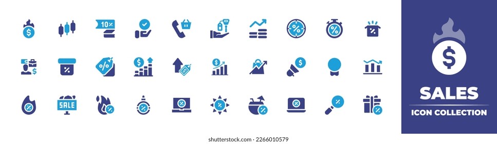 Sales icon collection. Duotone color. Vector illustration. Containing hot deal, trading, percent, check, sale, keys, graph, target, stopwatch, package, trader, discount, price tag, arrow, profits.