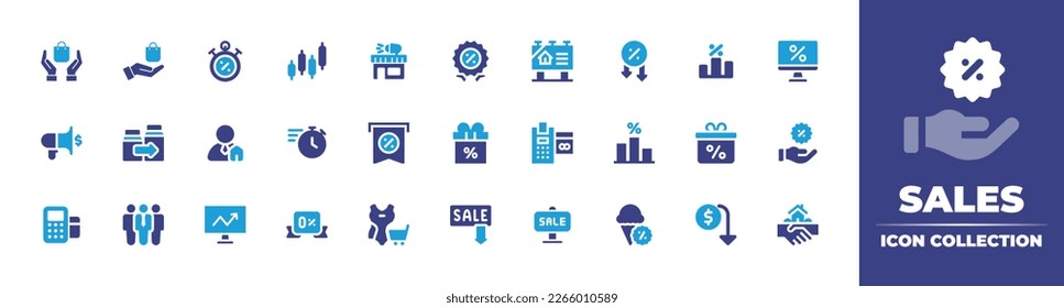 Sales icon collection. Duotone color. Vector illustration. Containing shopping, time, stock market, sales marketing, sale, for sale, sales, chart, discount, megaphone, upselling, real estate agent.