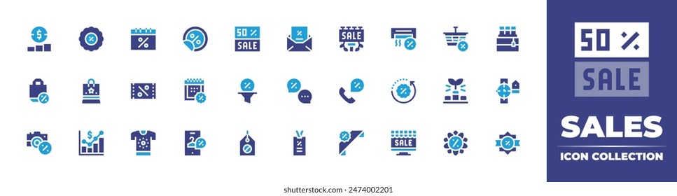 Sales icon collection. Duotone color. Vector illustration. Containing sale, nosales, graphics, christmas, filter, discount, tshirt, calendar, discountvoucher, onlineshop, camera, totebag, growth.