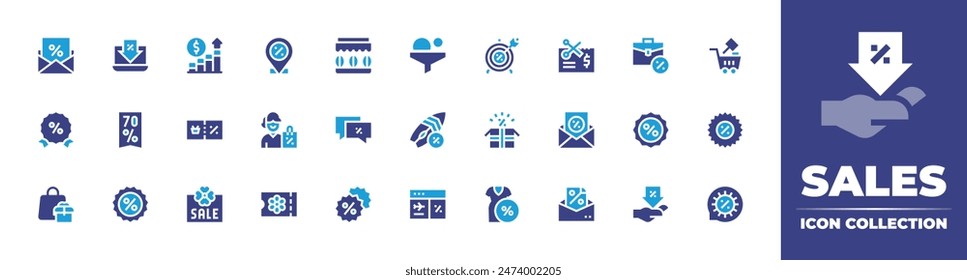 Sales icon collection. Duotone color. Vector illustration. Containing graph, sale, discount, shoppingbag, coffeeshop, voucher, percentage, email, placeholder, ticket, consumer.