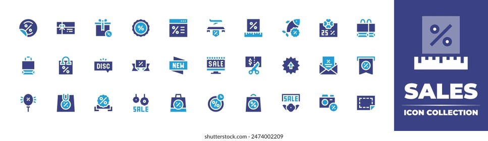 Sales icon collection. Duotone color. Vector illustration. Containing sale, sales, badge, percentage, coupon, voucher, discount, camera, fish, travel, giftbox, computer.