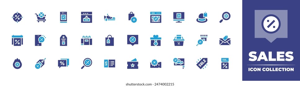 Sales icon collection. Duotone color. Vector illustration. Containing sale, hotsale, tag, shoppingbag, chat, voucher, discount, target, smartphone, calendar, shoe, shoppingcart, search, purchase.