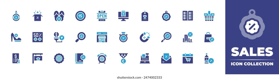 Sales icon collection. Duotone color. Vector illustration. Containing summersale, salespipeline, sales, forsale, lowsales, openbox, highheels, flipflops, search, halfprice, book.