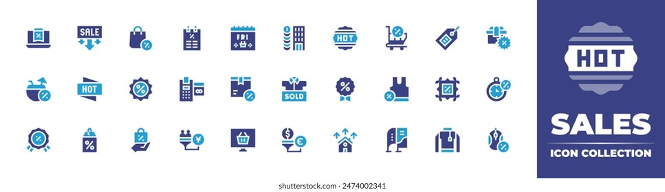 Sales icon collection. Duotone color. Vector illustration. Containing salespipeline, pointofsale, sale, coconutdrink, badge, laptop, box, sold, discount, poster, blackfriday.