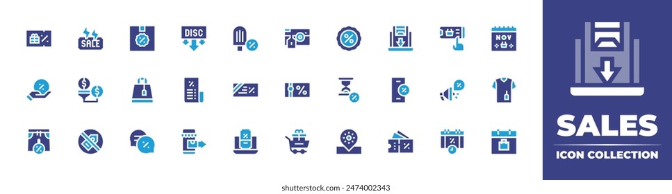 Sales icon collection. Duotone color. Vector illustration. Containing salespipeline, sale, nosales, box, bill, discountcoupon, bag, pants, discount, offer, ecommerce, message.