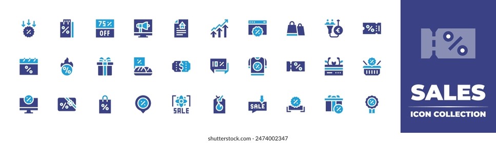 Sales icon collection. Duotone color. Vector illustration. Containing sales, sale, gift, blackfriday, giftcard, promo, calendar, computer, shoppingbag, placeholder, megaphone.
