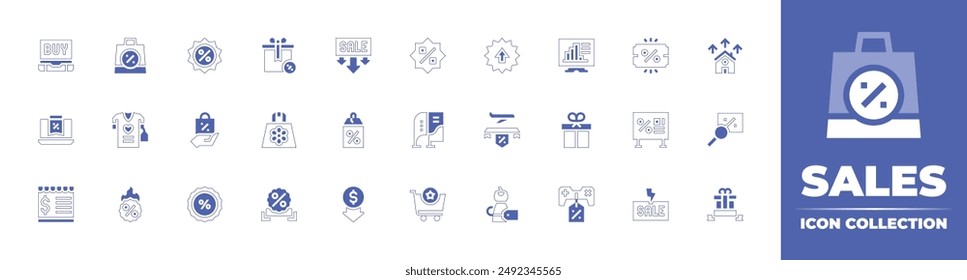 Sales icon collection. Duotone style line stroke and bold. Vector illustration. Containing sales, sale, growth, discountticket, bowflags, giftbox, advertisement, travel, discountcoupon.