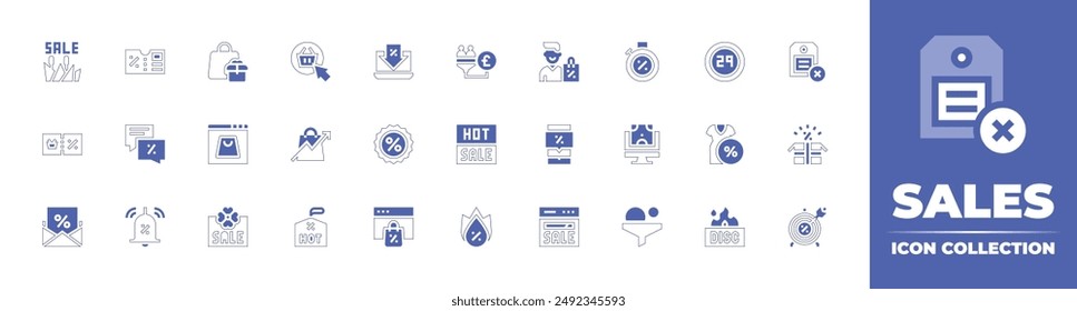 Sales icon collection. Duotone style line stroke and bold. Vector illustration. Containing salesfunnel, hotsale, sale, dress, hotdeal, discount, computer, onlineshopping, gift, target.