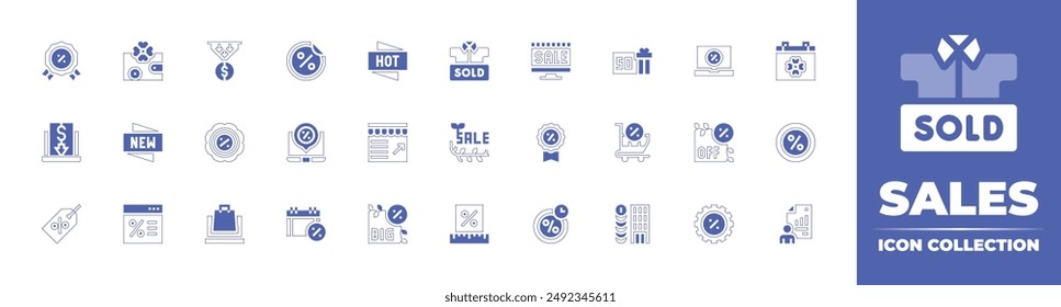 Sales icon collection. Duotone style line stroke and bold. Vector illustration. Containing sales, sale, label, shoppingcart, percentage, discountbadge, setting, discount, statistics.