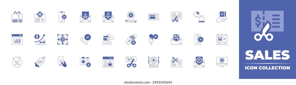 Sales icon collection. Duotone style line stroke and bold. Vector illustration. Containing sales, sale, lifesaver, investment, payment, smartphone, mail, bargraph, call, discount.