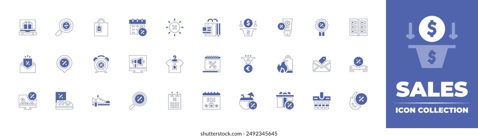 Sales icon collection. Duotone style line stroke and bold. Vector illustration. Containing salespipeline, hotsale, coconutdrink, calendar, discount, clothes, megaphone, poster, search, blackfriday.