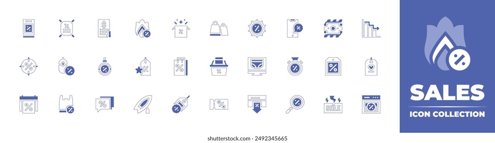 Sales icon collection. Duotone style line stroke and bold. Vector illustration. Containing sales, lowsales, openbox, discount, target, shopping, pricetag, shoppingbag, offer, poster.