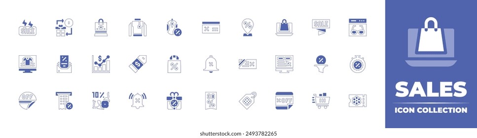 Sales icon collection. Duotone style line stroke and bold. Vector illustration. Containing sale, discount, stopwatch, filter, bell, addtofavorites, offer, shoppingcart, pricetag, ticket.