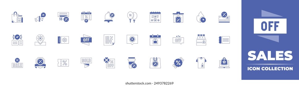 Sales icon collection. Duotone style line stroke and bold. Vector illustration. Containing sale, sales, airconditioner, voucher, shoppingbag, location, discount, marketing.
