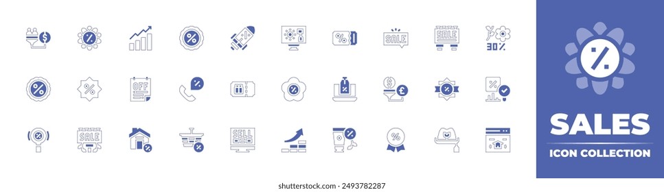 Sales icon collection. Duotone style line stroke and bold. Vector illustration. Containing growth, salespipeline, discount, poster, shoppingbasket, sunflower, billboard.