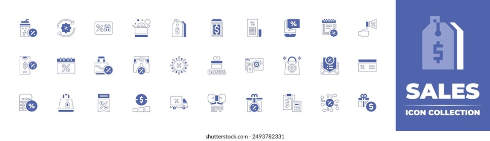 Sales icon collection. Duotone style line stroke and bold. Vector illustration. Containing promotion, giftbag, calculator, photocamera, gift, bill, voucher, calendar, mail, cybermonday.