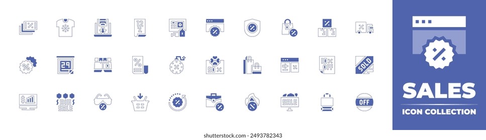 Sales icon collection. Duotone style line stroke and bold. Vector illustration. Containing sales, flashsale, discount, time, gopro, pc, tshirt, calendar, Frame, shorts, eyeglasses, basket.
