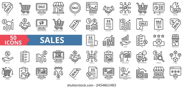 Sales icon collection set. Containing sale, shopping cart, monitor, retail, statistics, deal, marketing icon. Simple line vector.