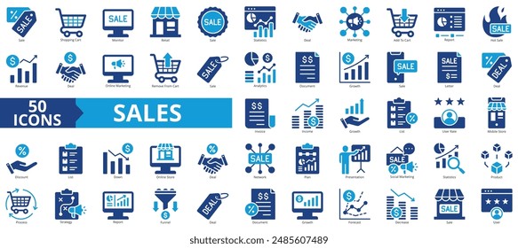 Verkaufssymbol-Kollektion festgelegt. Enthält Verkauf, Warenkorb, Monitor, Einzelhandel, Statistik, Abschluss, Marketing-Symbol. Einfache flache Vektorgrafik.