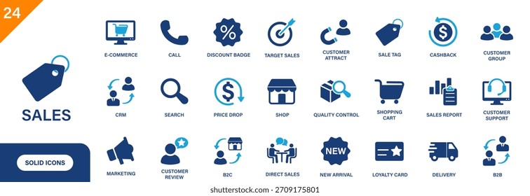 Ícone Vendas. Inclui etiqueta de vendas, cashback, vendas diretas, CRM, B2C, suporte ao cliente. Conjunto de ícones de vetor sólido.