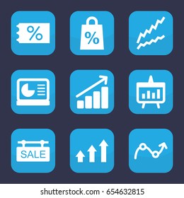 Sales icon. set of 9 filled sales icons such as sale tag, graph, chart, chart on display, shopping sale