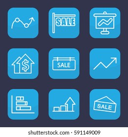 sales icon. Set of 9 outline sales icons such as sale tag, graph, sale, dolar growth