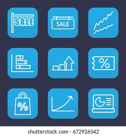 Sales icon. set of 9 outline sales icons such as sale tag, graph, chart on display