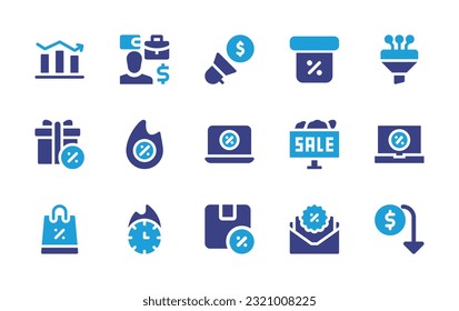 Sales icon set. Duotone color. Vector illustration. Containing sales, trader, marketing, discount, funnel, sale, online shopping, shopping bag, hot sale, email, down arrow.